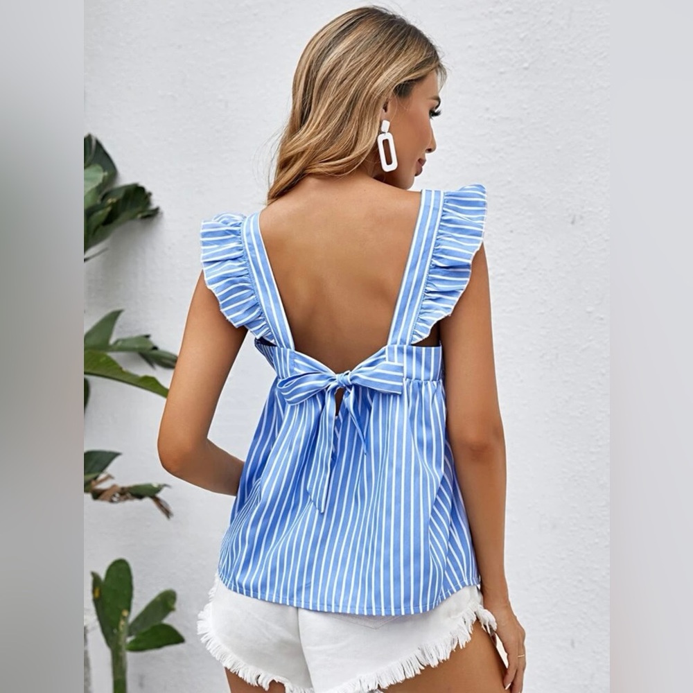 Stripped white and blue with Ruffle Sleeve and bow tie back Top size S/M